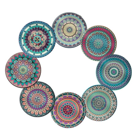 

Mandala Coasters with Pegs - Set of 8 Ceramic Bohemian Coasters with Cork Base for Drink Attachment Coasters for Coffee Tables Wooden Bars Cups Glasses