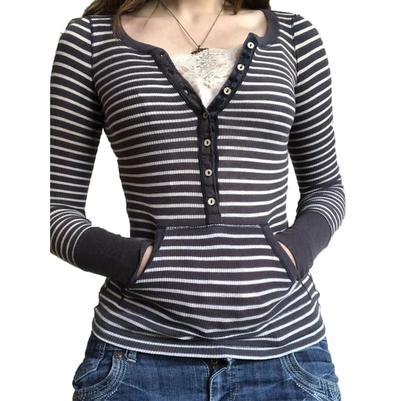 LMLYSoH Women Fashion Wild T-Shirts Stripe Round Neck Long Sleeve Shirts Spring Autumn Slim Fit Button-Up Tops Streetwear
