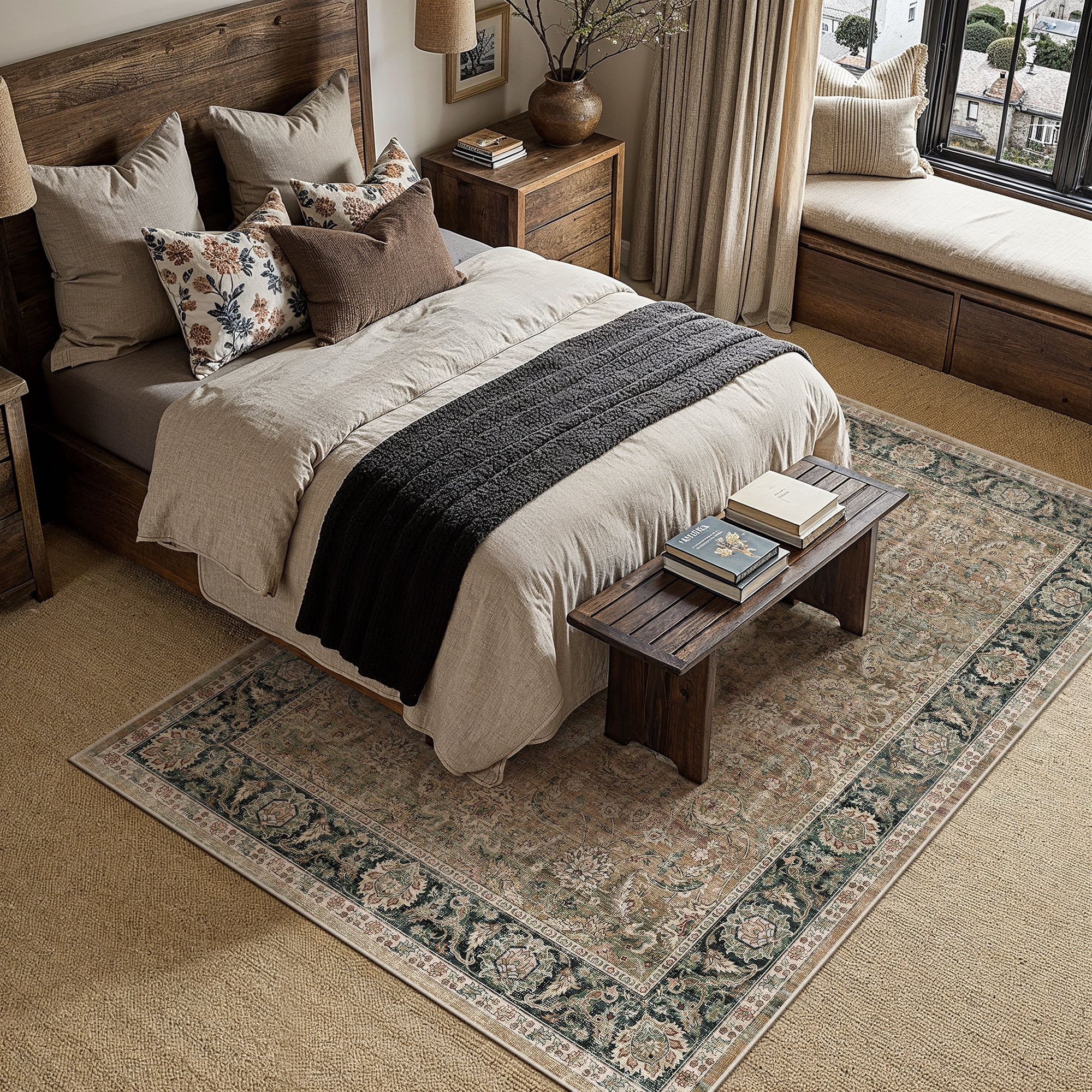BERTHMEER 9'x12' Large Area Rugs for Living Room Bedroom Office Brown and Green Vintage Non Slip Washable Farmhouse Dining Room Oriental Traditional Distressed Rugs