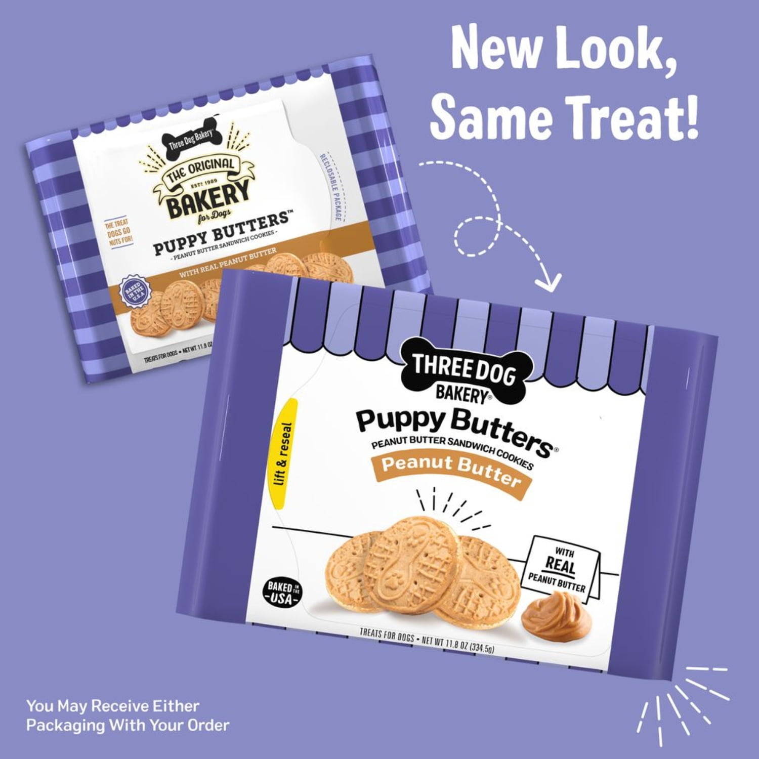 (6 pack) Three Dog Bakery Puppy Butters, Crunchy Peanut Butter Dog Sandwich Cookies, 11.8 oz