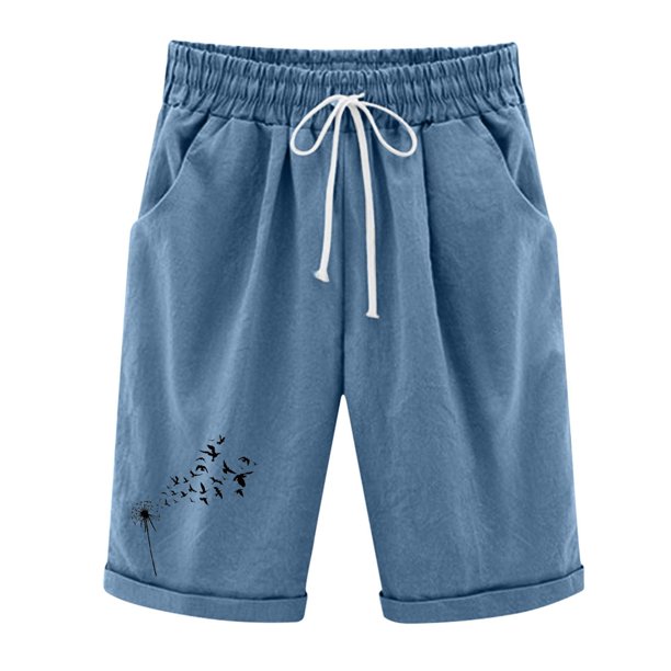 Gibobby Pantalones colombianos cortos con estampado de diente de león de lino y algodón para mujer, pantalones cortos con cordones para entrenamiento en la playa con bolsillo(Azul, S)