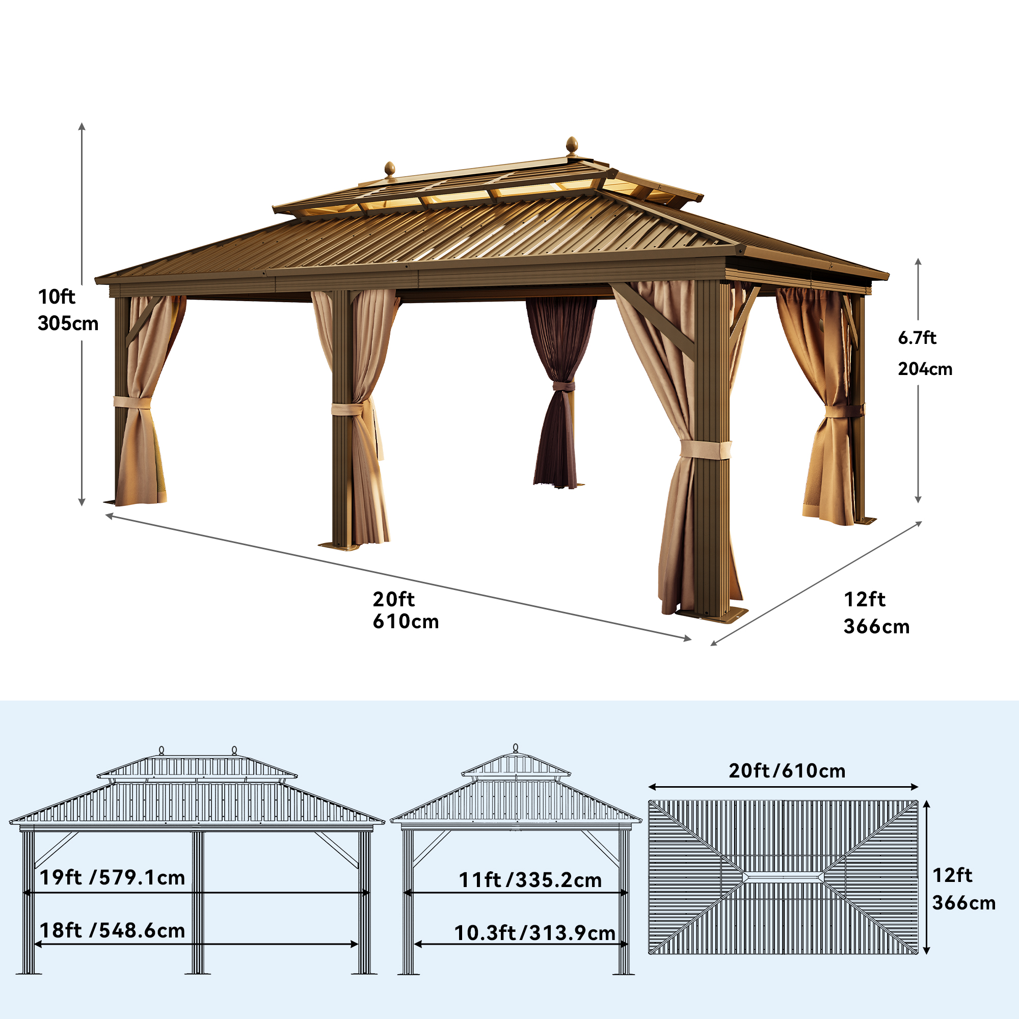 Dextrus 12ft x20ft Double Roof Hardtop Gazebo with Netting&Curtains, Outdoor Gazebo with Heavy Duty Galvanized Steel,Ideal for Patio Lawn and Garden,Bronze Curtain