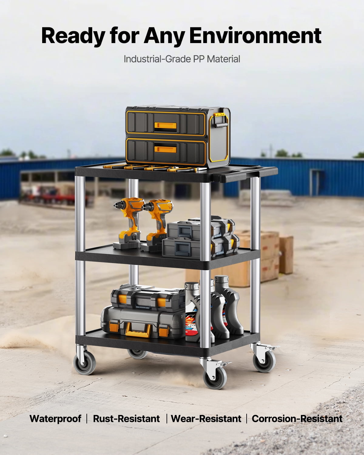 VEVOR Utility Cart, 300 lbs Load Capacity, 27.6 x 18.1-inch Service Cart, Three-Shelf Heavy Duty Plastic Utility Cart with 360° Swivel Wheels (2 with Brakes), Suitable for Warehouse, Garage