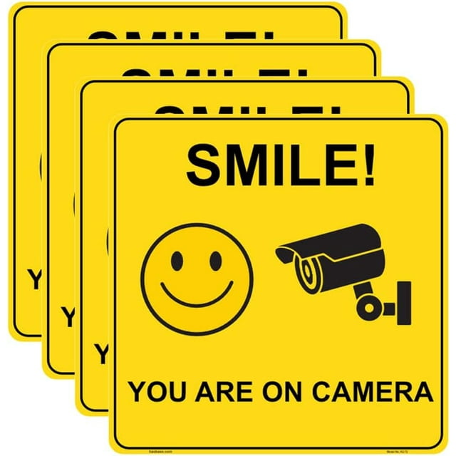 QTH 4 Pcs Smile You Are On Camera Sign Sticker - 15 cm x 15 cm - Self Adhesive Vinyl