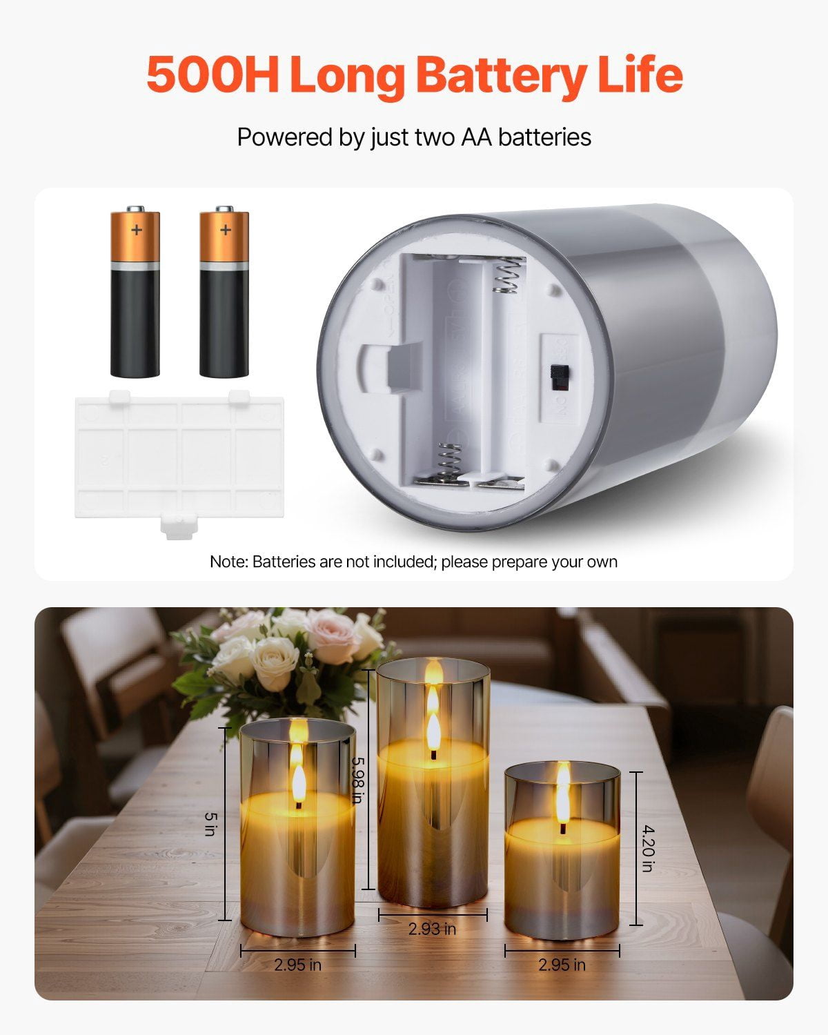 3 Pack Battery Operated Flameless LED Candles with Remote Control, 500-Hour Battery Life, Flickering Flame Effect, Safe for Kids and Pets, Gray Glass Wax Candles for Home Decor