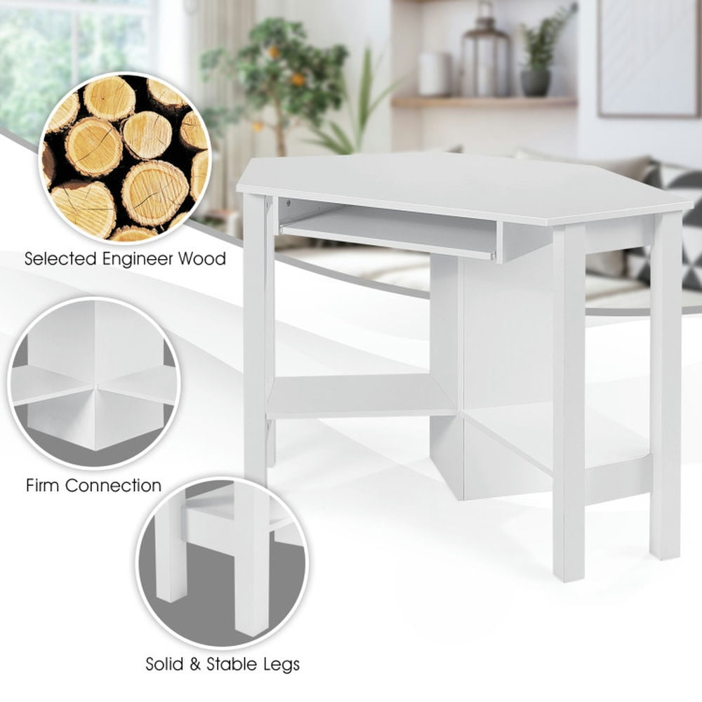 Demi Bonn Wooden Computer Corner Desk with Drawer for Home Office Sturdy Writing Workstation, White