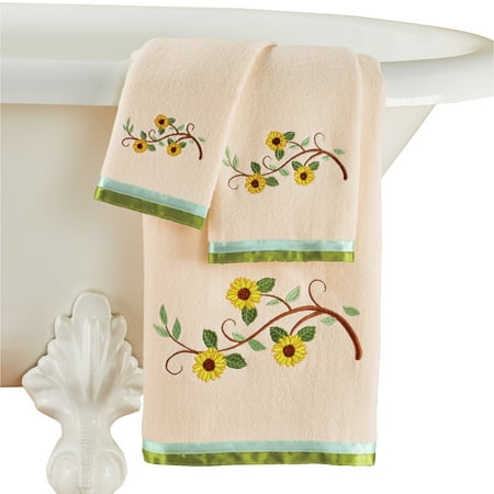Embroidered Leaf Blooming Sunflowers Towels Set Of 3 Cream Bottom Green Ribbon Trim Bath Towel Hand Towel Washcloth Included Machine Washable Cotton Walmart Com Walmart Com