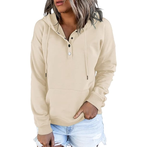 Sudadera con capucha y manga larga con botones en la parte delantera para mujer para otoño e invierno (XL)