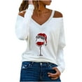 thumbnail image 2 of Pntutb Moda Mujer Cuello en V Camiseta de manga larga Otoño Navidad Impresión Hombro frío Blusa suelta tops Pntutb Pntutb-3766, 2 of 5