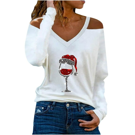 Honeeladyy Clearance under 5$ Cold Shoulder Christmas Blouse for Women V-Neck Long Sleeve Bling Glasses Printedweight Pullover