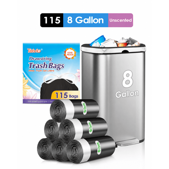 8 Gallon 115 Counts Strong Drawstring Trash Bags Garbage Bags by Teivio, Bathroom Trash Can Bin Liners, Plastic Bags for home office kitchen, Black