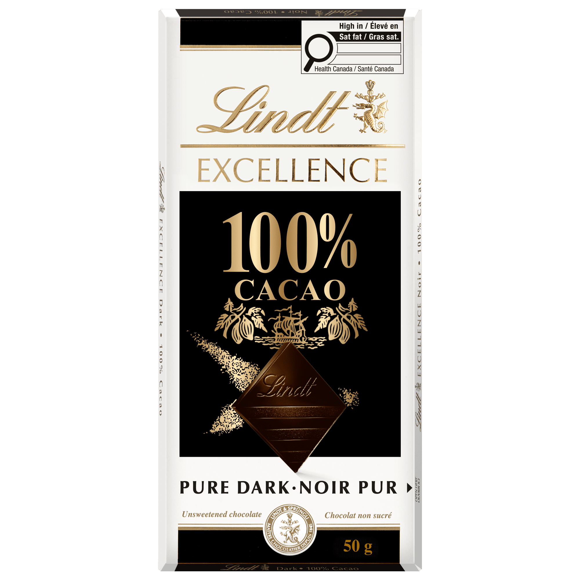 Chocolat noir Lindt EXCELLENCE à 100 % de cacao – Barre (50 g) Contient du cacao pur à 100 %.