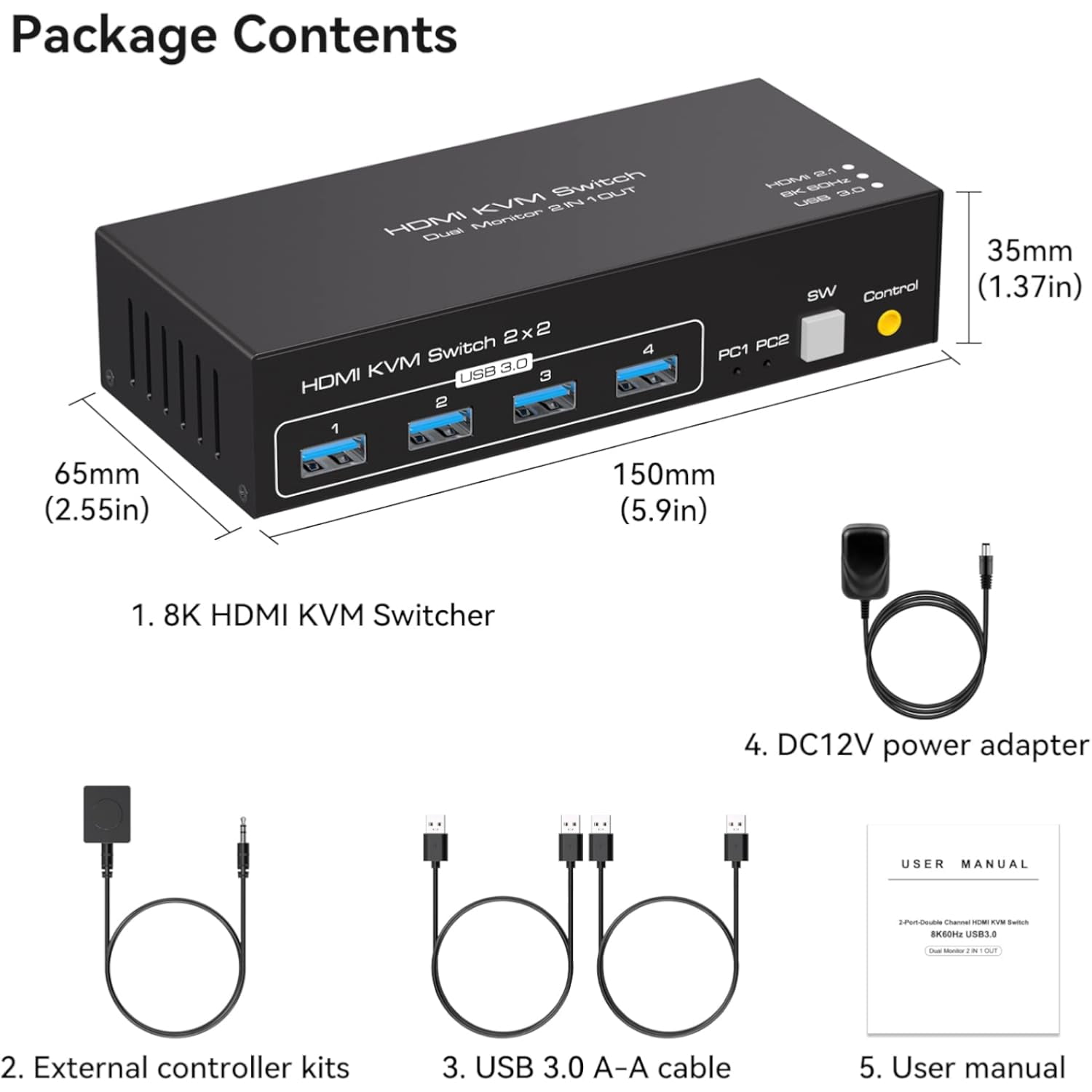8K HDMI KVM Switch for 2 Monitors and 2 Computers – 8K@60Hz & 4K@120Hz, Dual Monitor KVM Switcher for 2 PCs, Share 4 USB 3.0 Devices, Supports Copy & Extend Mode, with External Accessories