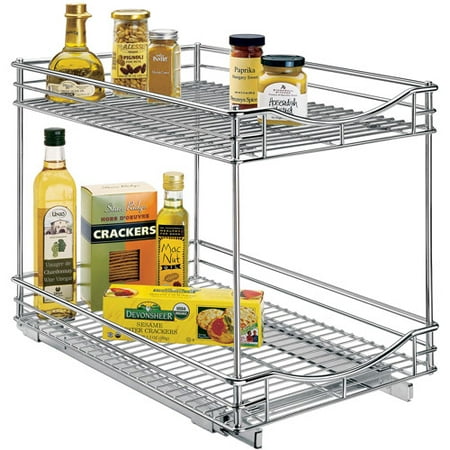 Lynk Professional Roll Out Double Shelf, Pull Out Two Tier Sliding Under Cabinet Organizer, 14"W x 21"D, Chrome