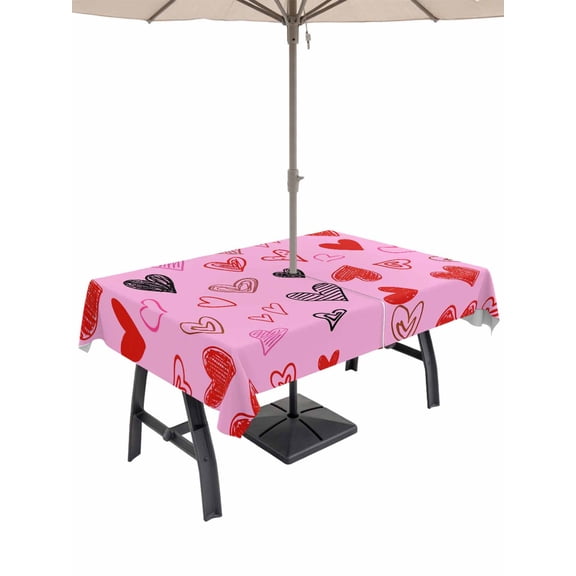 Outdoor Tablecloth with Umbrella Hole and Zipper, Valentines Love Heart Rectangle Table Cloth 60x102 Inch Waterproof Tablecloth, Romantic Pink Red Black Picnic Table Cover for Patio Camping