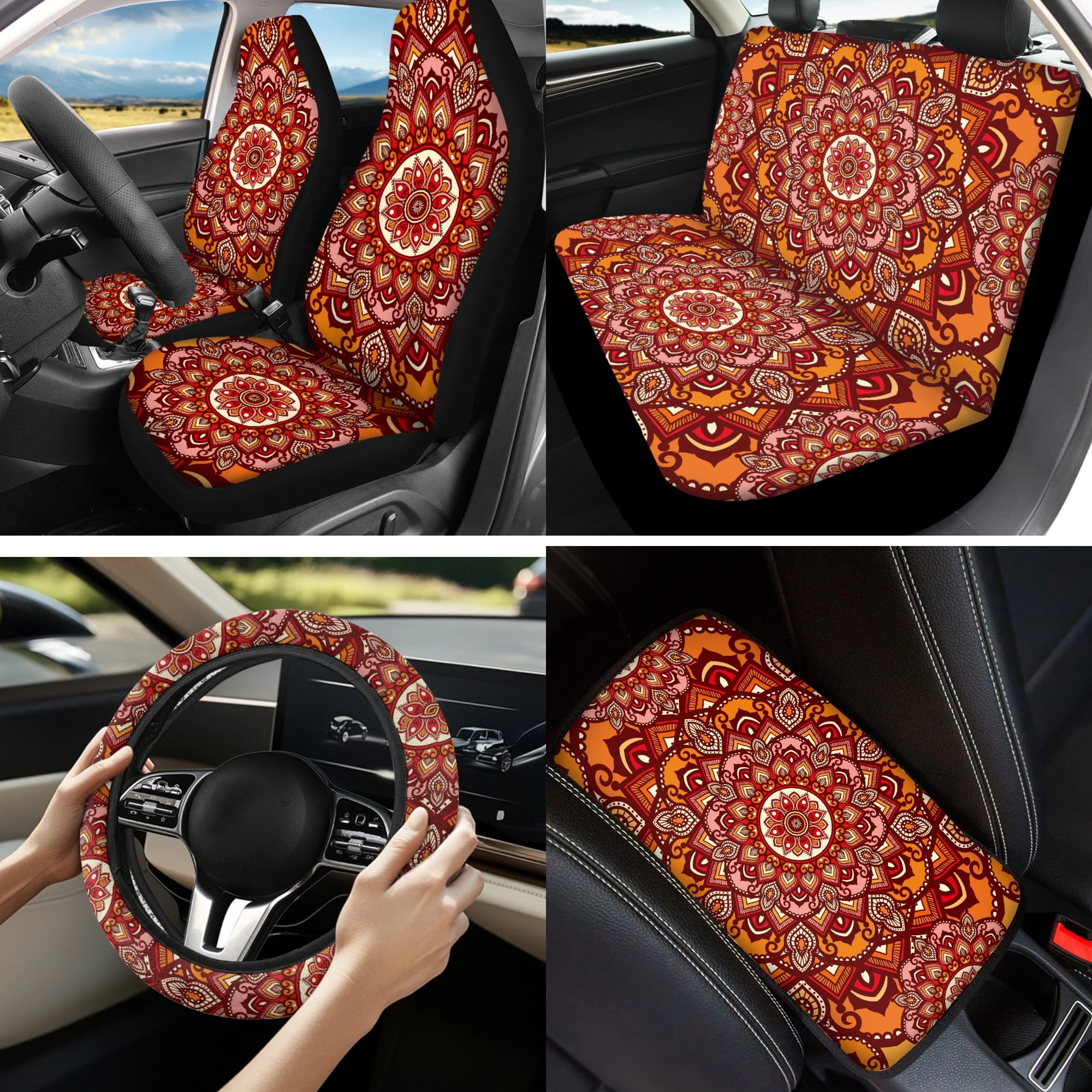 Jeiento Orange Boho Mandala 13 Pack Car Seat Cover Set with Steering Wheel, Seat Belt Strap, Armrest, Coaster, Keychain, Lipstick Holder Universal Auto Interior Sets - Fit SUV, Sedan, Van, Truck