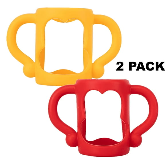 ACDANC 2 Pack Bottle Handles for Narrow Baby Bottles, Silicone Wide-Neck with Easy Grip Handles to Hold Their Own Bottle, Red and Orange