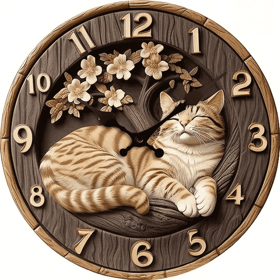 VOCOO 10" Silent Non-Ticking Wooden Wall Clock , 2D Cat and Flower Printed Clock, Round Decorative Wall Clock for Home, Office, School,Battery Operated