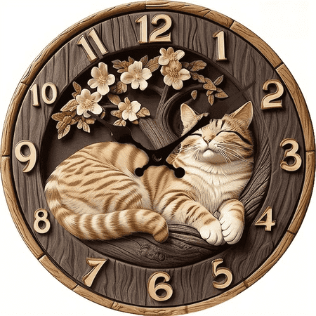 VOCOO 10 Silent Non-Ticking Wooden Wall Clock , 2D Cat and Flower Printed Clock, Round Decorative Wall Clock for Home, Office, School,Battery Operated
