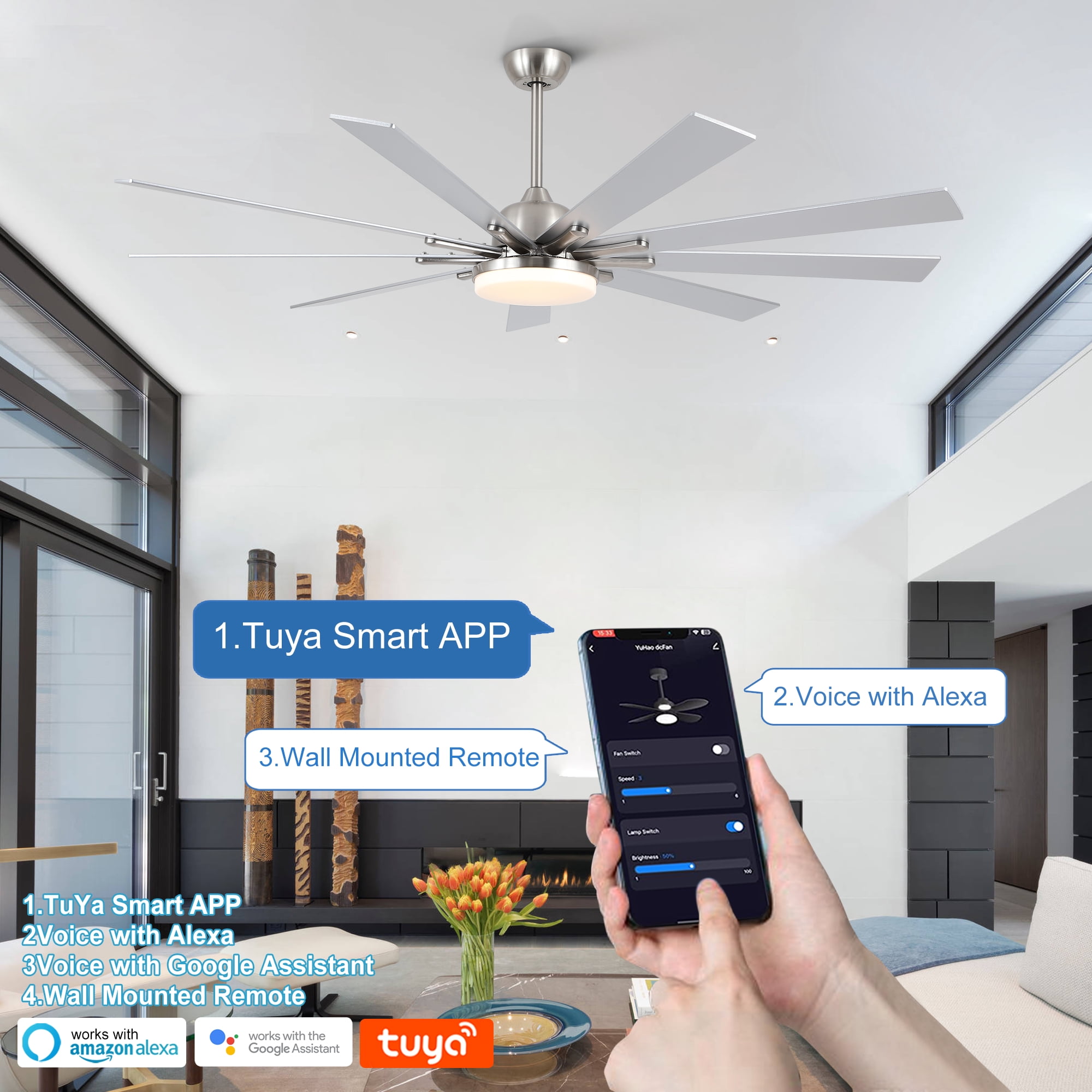 Wellspeed 72 in. Smart LED Ceiling Fan with 9 Blades, Remote Control, for Indoor Room, Brushed Nickel