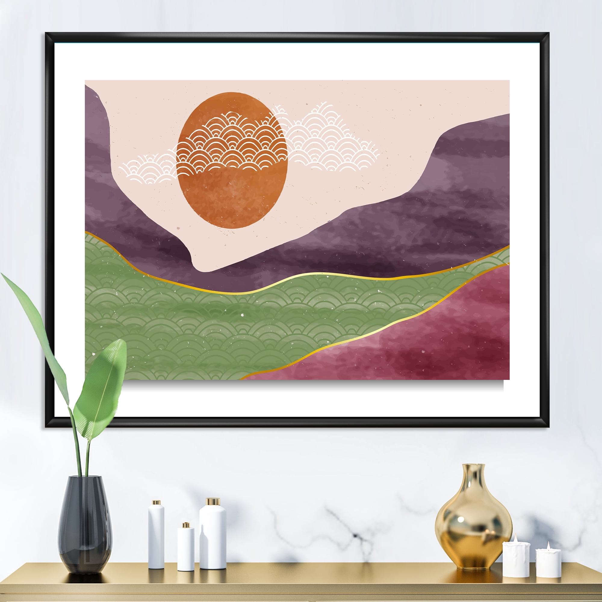 Designart 'Abstract Landscapes With Mountain River and Moon' Modern Framed Canvas Wall Art Print