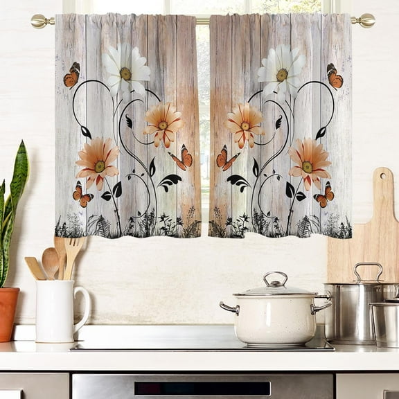 Orange Floral Flower Window Curtains for Kitchen Farmhouse White Daisy Leaf Terracotta Small Short Home Living Room Bedroom Bathroom Drapes Treatment Tiers Fabric 1 Pair, 27.5" W x 39" L, Retro