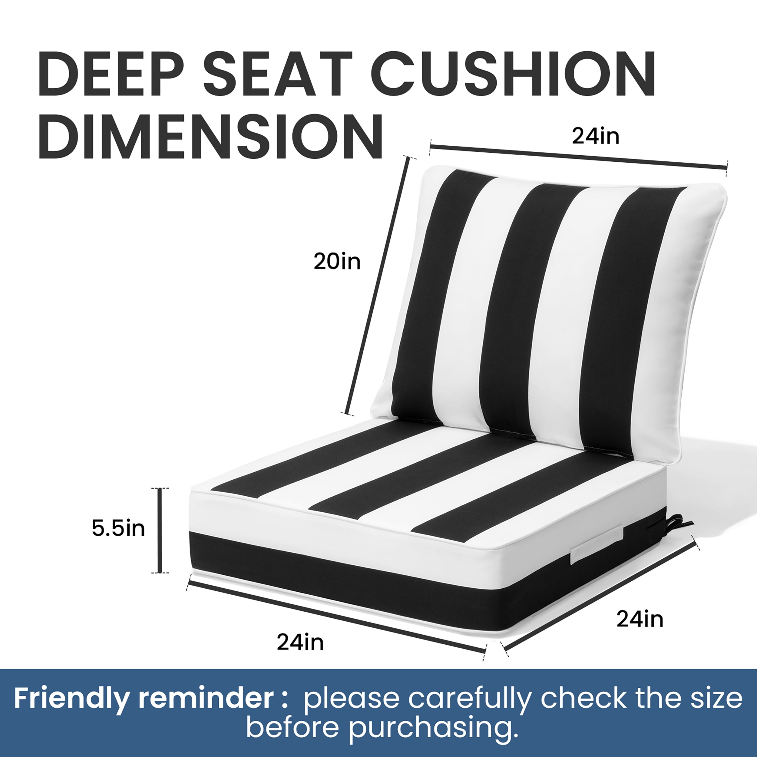 Crestlive 5.5" Outdoor Cushion for Patio Furniture Set of 2, 24 x 24, Waterproof and Fade-Resistant Deep Seat Cushions for Chair, Wicker Sofa and Couch, Black White Striped