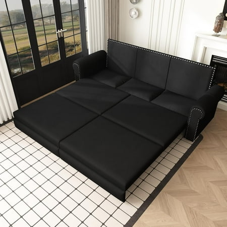 93.7" King Pull Out Sofa Bed, Velvet Sleeper Sofa Couch, 3 in 1 Convertible Futon Couches for Living Room, Small Space, Apartment, Office, Bedroom, Modern Rivet Armrest, Black