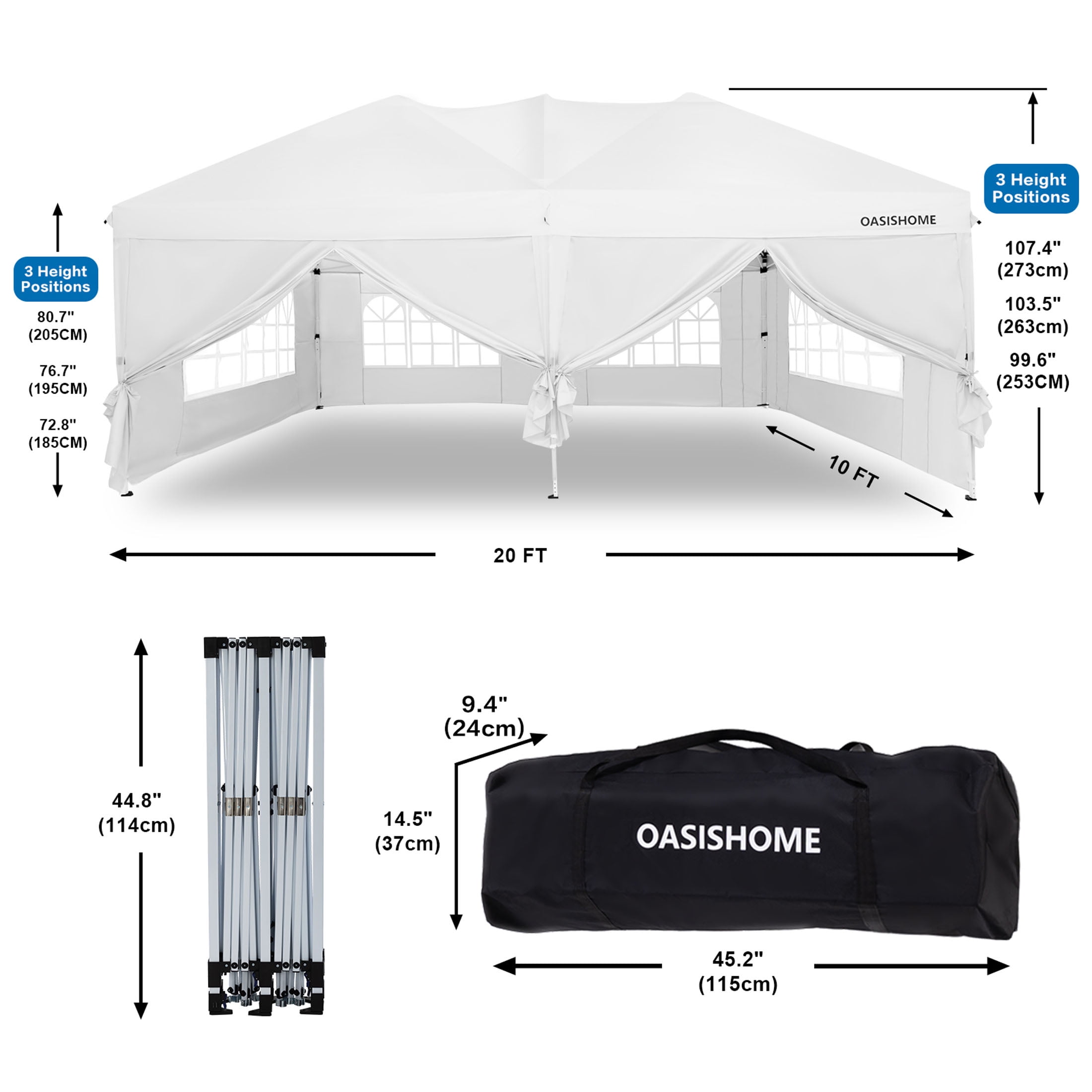OASISHOME 10'x20' White Pop-Up Canopy Gazebo Tent, with 6 Removable Sidewalls, Windows, Carrying Bag - for Patio/Outdoor/Wedding Events