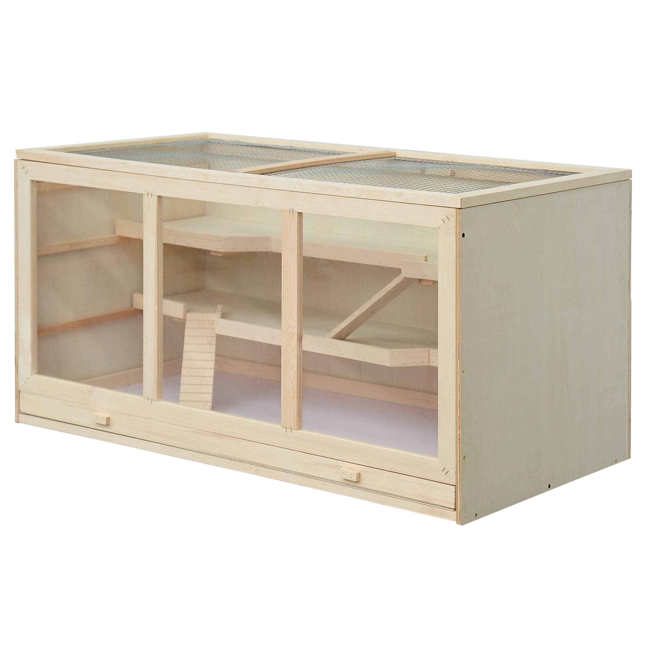 45" Hamster Cage, 3-Layer Wooden Rat Habitat, PVC Window, Small Animal Cage for Gerbil, Dwarf & Syrian Hamsters, Natural Wood