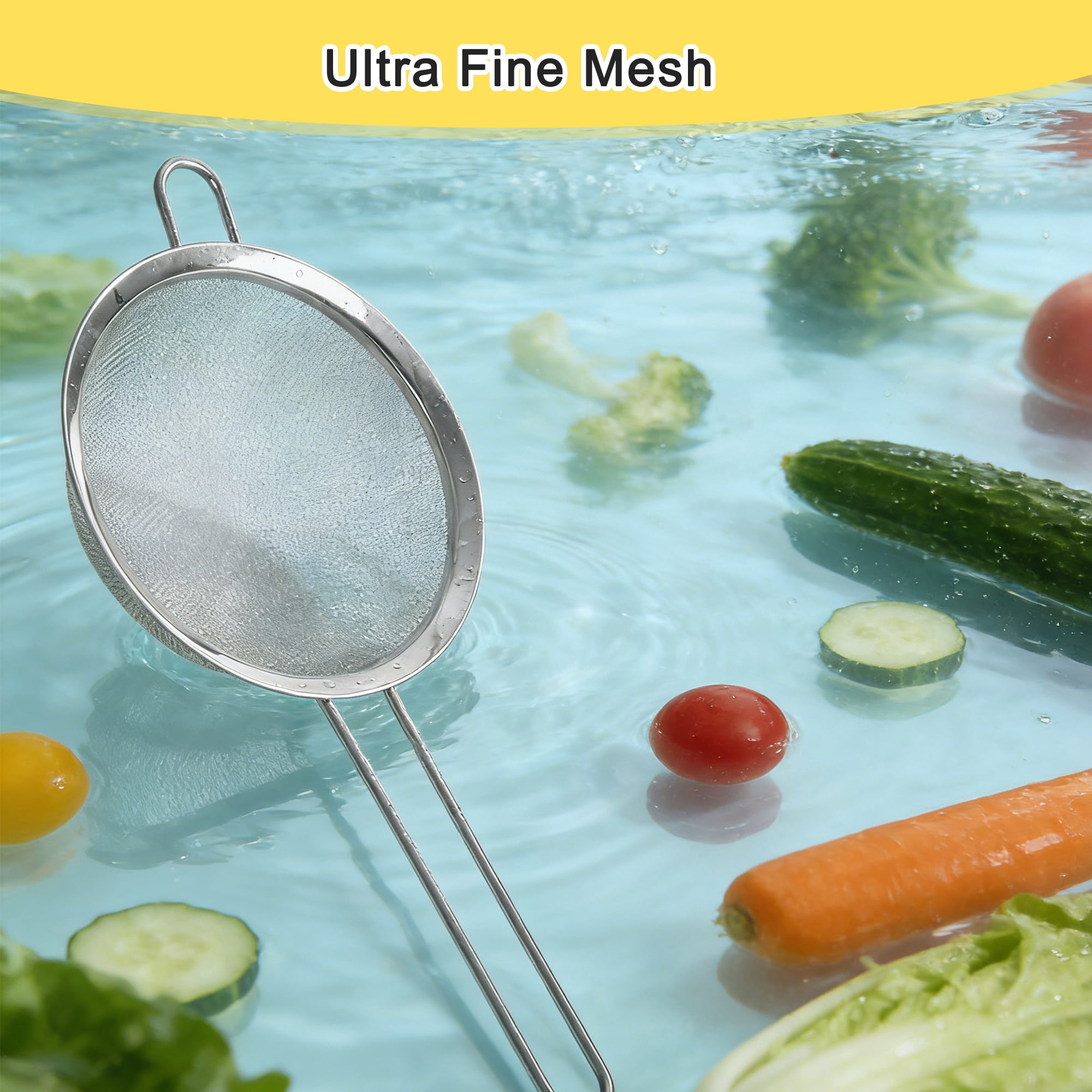3 Pack Stainless Steel Fine Mesh Strainers, 4/6/8 Inch Kitchen Sieve Colander Set with Handle Hook, Food Strainer for Flour Juice Fruits Cooking