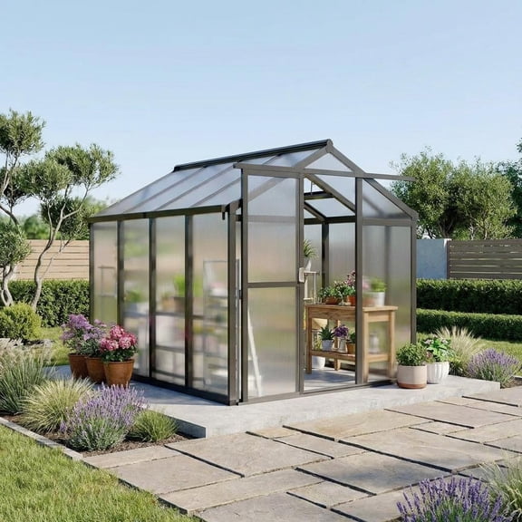 CazToi 6x8 FT Aluminum Frame Walk-in Polycarbonate Greenhouse with Roof Vent & Lockable Sliding Door