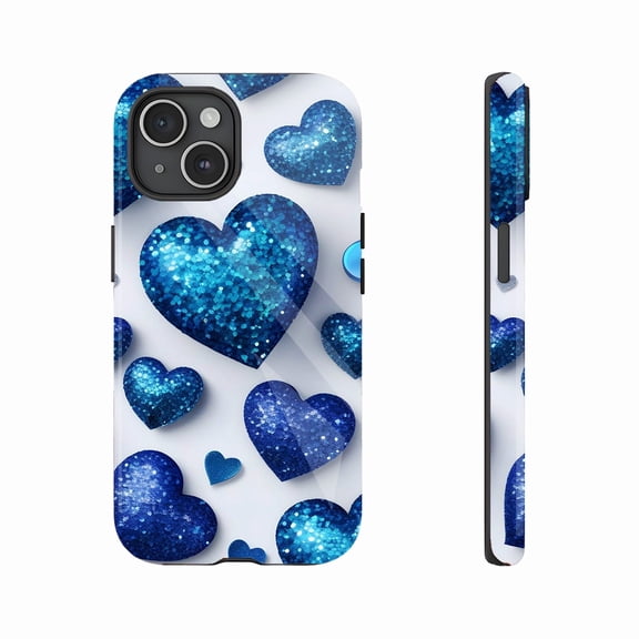 Sparkling Blue Glitter Heart Phone Case for Women Men, Valentine's Day Gift Compatible with iPhone 11/12/13/14/15/16 (Pro Max/Plus)
