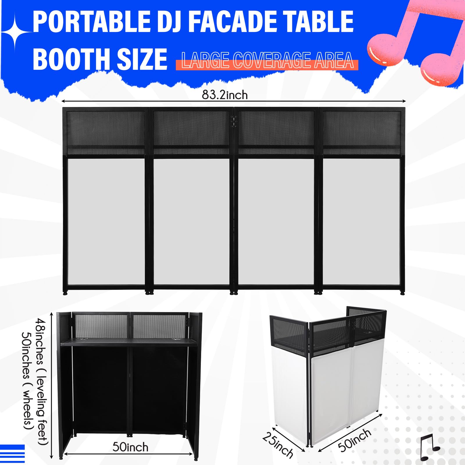 Ladcaser Portable DJ Facade Booth, 50 in L x 48 in H x 25 in W DJ Table Stand Booth with White & Black Scrim, Foldable DJ Table Station with Adjustable Feet for Party, Black Metal Frame