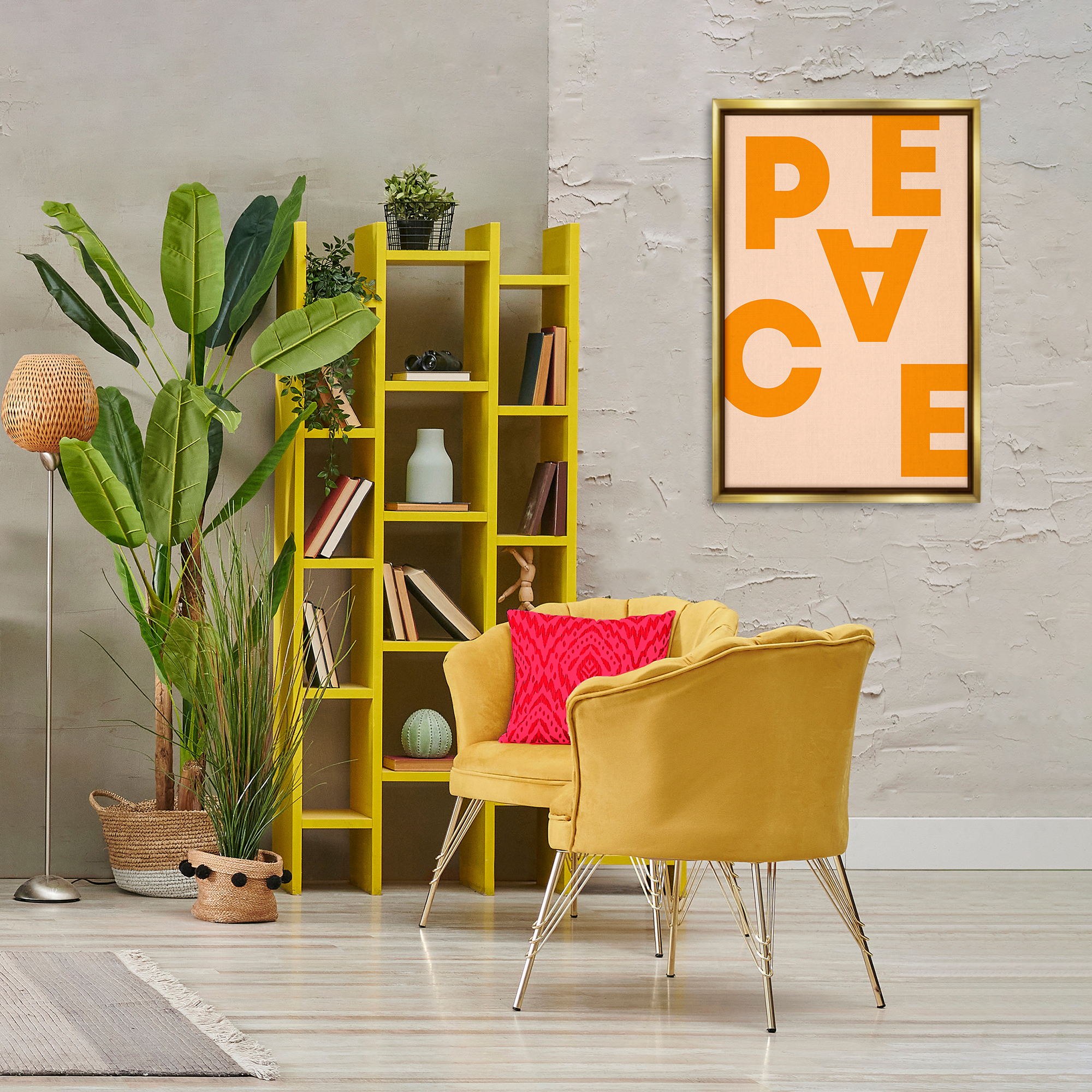 Stupell Industries Peace Orange Typography Typography Painting Gold Floater Framed Art Print Wall Art, 21 x 31