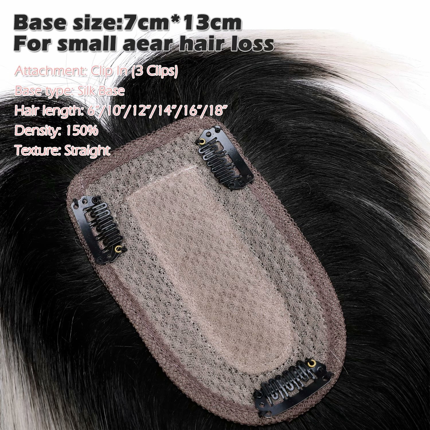 Benehair Silk Base Clip In 100% Real Remy Human Hair Extensions Hairpiece Topper Wig with bang Toupee Women Hair Loss 3 Clips Soft 1B Ombre Grey