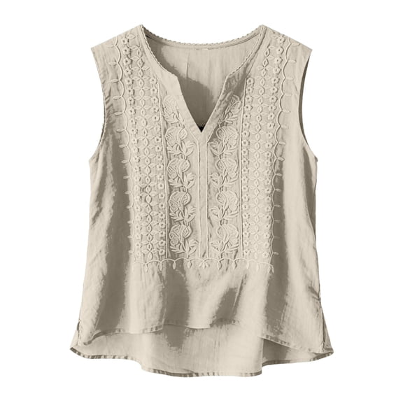 ManxiVoo V Neck Tank Top Top for Women Pleated Sleeveless Shirt Breathable Cotton Linen Blend for Layering Under Blazers and Cardigans L Size Beige