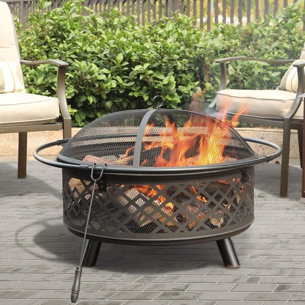 MF Studio 32" Fire Pit Large Steel Patio Fireplace Cutouts Pattern with
