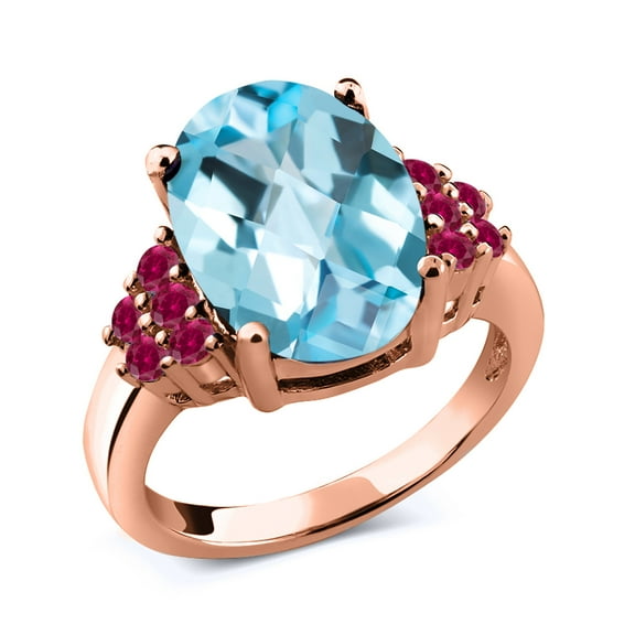 Gem Stone King 7.70 Ct Oval Checkerboard Sky Blue Topaz Red Created Ruby 18K Rose Gold Plated Silver Ring (Size 5)