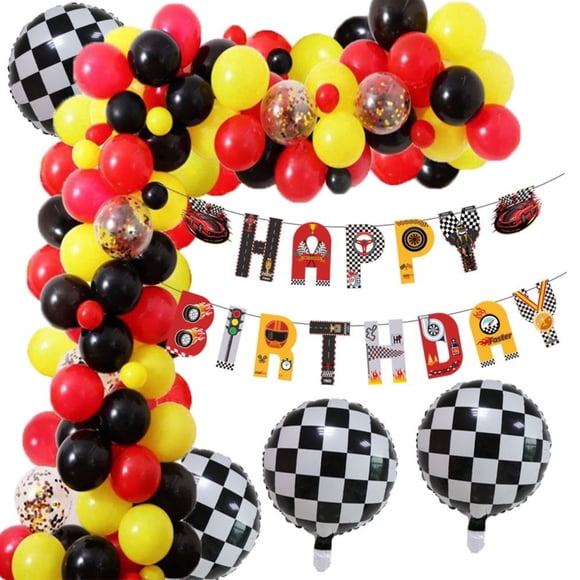 Globos Metálicos y de Látex  Decorativos para Cumpleaños Alusivos a  Race Cars en color Blanco y Negro