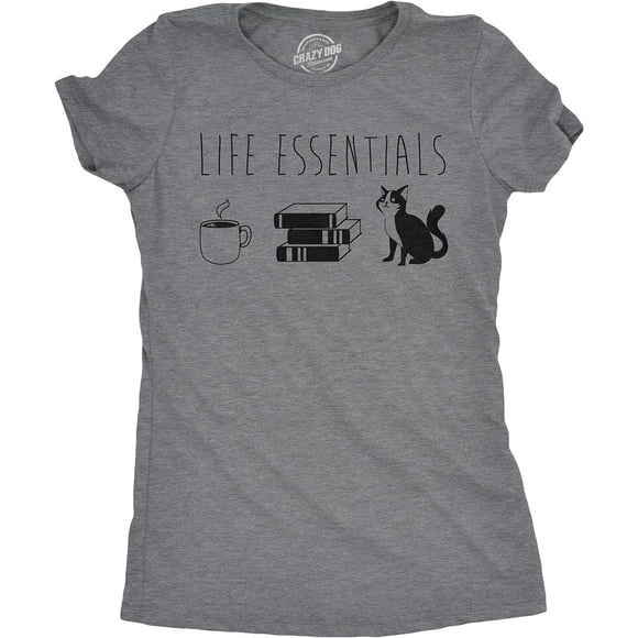 Crazy Dog T-Shirts Womens Life Essentials T Shirt Funny Coffee Cat Mom Lover Cute Graphic Ladies