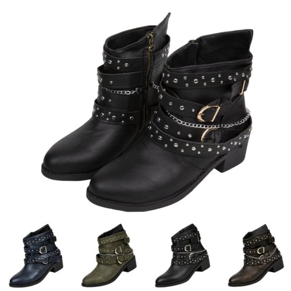 Domuza boots for women ,Studded Buckle Chain Decor Pointed Toe Ankle Boots, Side Zipper Block Heel Casual Short Boots Black 5.5(EU-36)