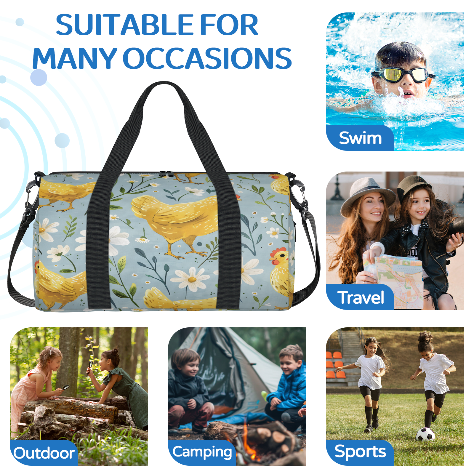 Herdesigns Chicken Travel Duffle Bag Sports Yoga Weekender Overnight Carry on Workout Bags Lightweight Waterproof Gym Tote Bag for Women Flower