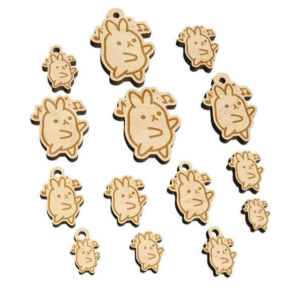 Cute Kawaii Bunny Rabbit Dancing to Music Wood Mini Charms Shapes DIY Craft Jewelry - With Hole - Various Sizes (16pcs)