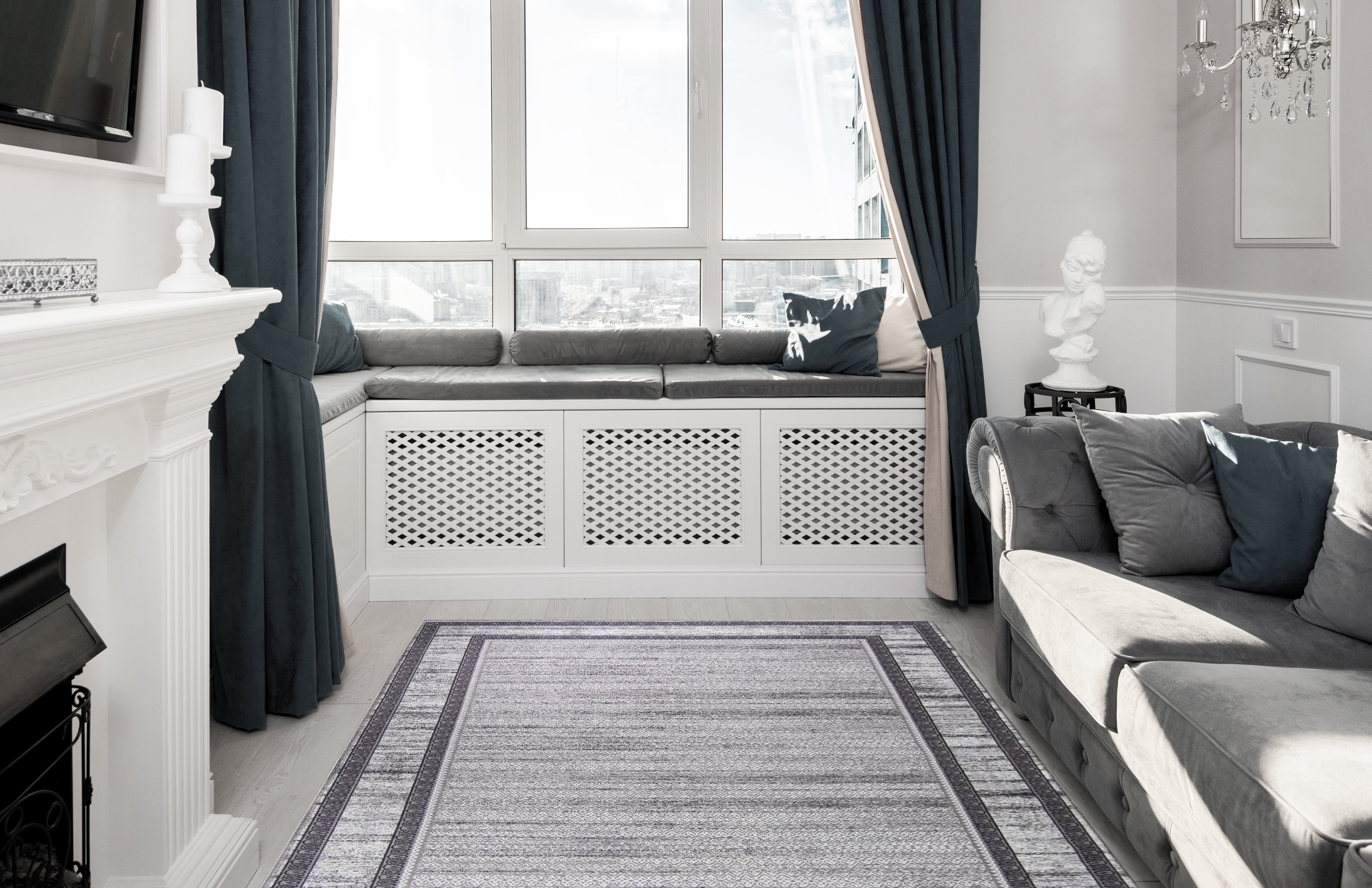 Gloria - Washable Area Rug Low Profile Bordered Washable Runners Anti Slip Backing Rugs for Living Room Light Weight Foldable Carpet