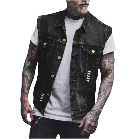 TIMIFIS Black Men's Denim vests,Sleeveless Jacket Slim Vintage Casual Ripped Summer Fall Button Lapel Jean vests for Men Fashion Jacket