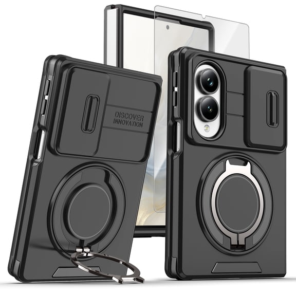 Dteck Case with Front Tempered Glass Screen Protector for Samsung Galaxy Z Fold 8,Shockproof TPU PC Case Built-in with Ring Grip Holder Kickstand Slide Lens Cover Rugged Protective Cover,Black