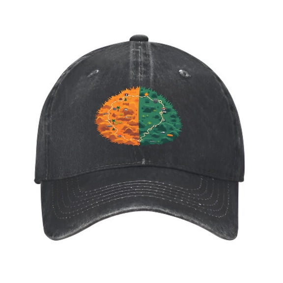 Vintage Cotton Washed Distressed Baseball Cap - Black Golf Dad Hat with Unique Orange & Green Map Design and White Path for Men & Women