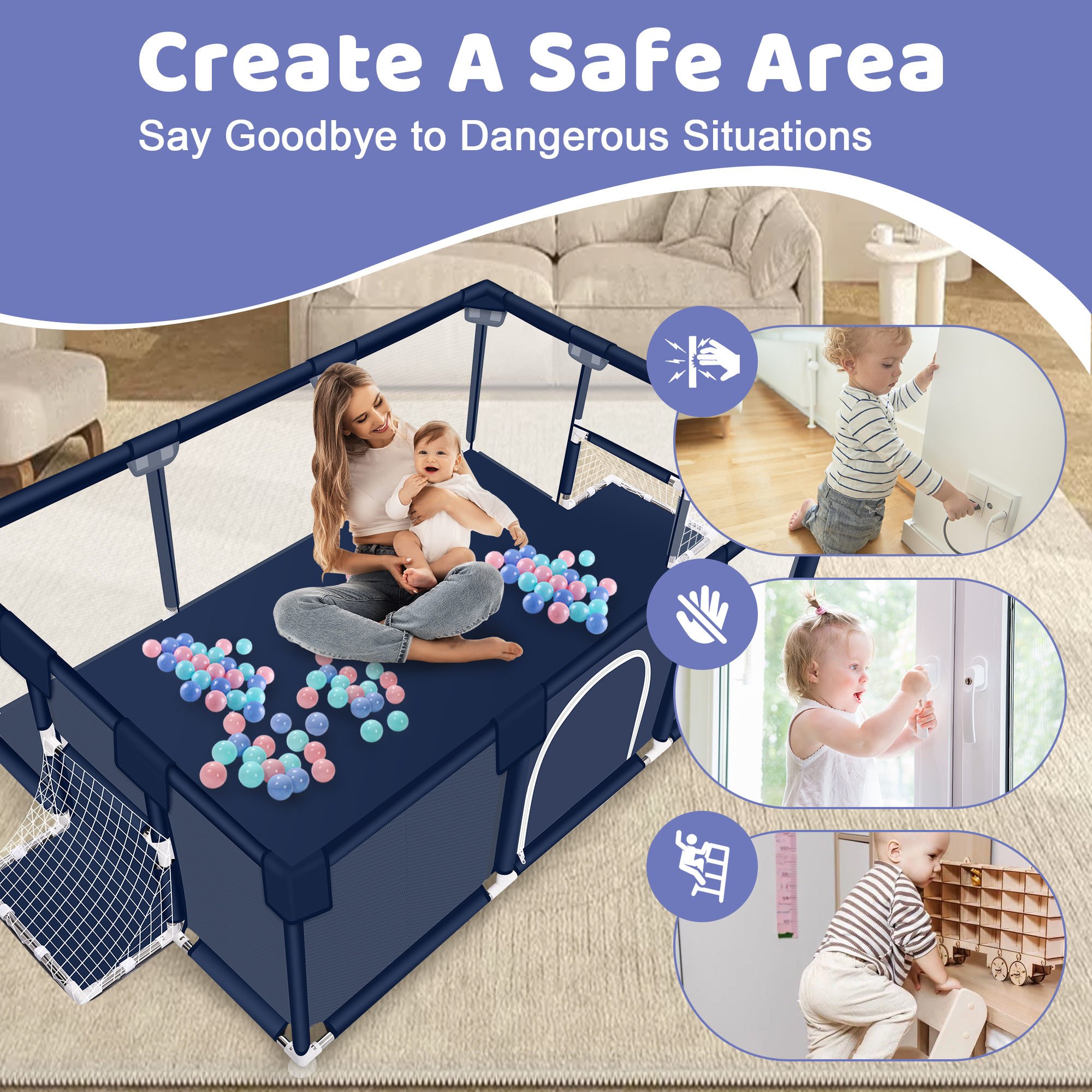 Baby Playpen, HDJ 71 inch Extra Large Baby Play Yard with Soft Breathable Mesh, Play Fence for Infant and Toddlers, Anti-Slip Base, Blue