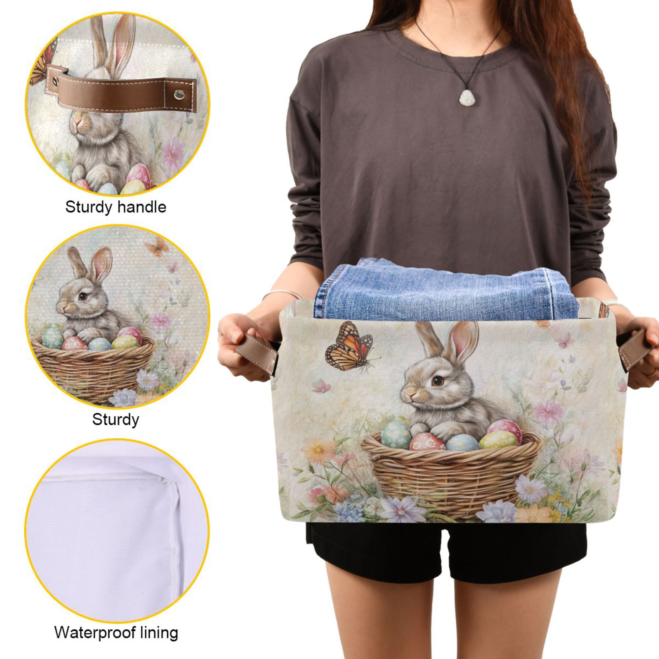 WOBOGO Gray Easter Rabbit Square Storage Basket with Waterproof Canvas and PE Lining Durable PU Leather Handles 14.2×10.2×8.3in
